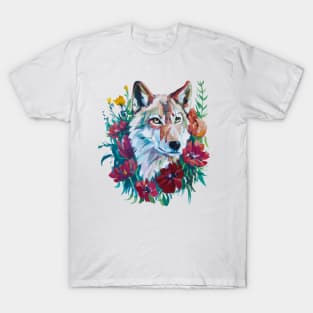 Wolf painting floral wreath, nature lover design T-Shirt